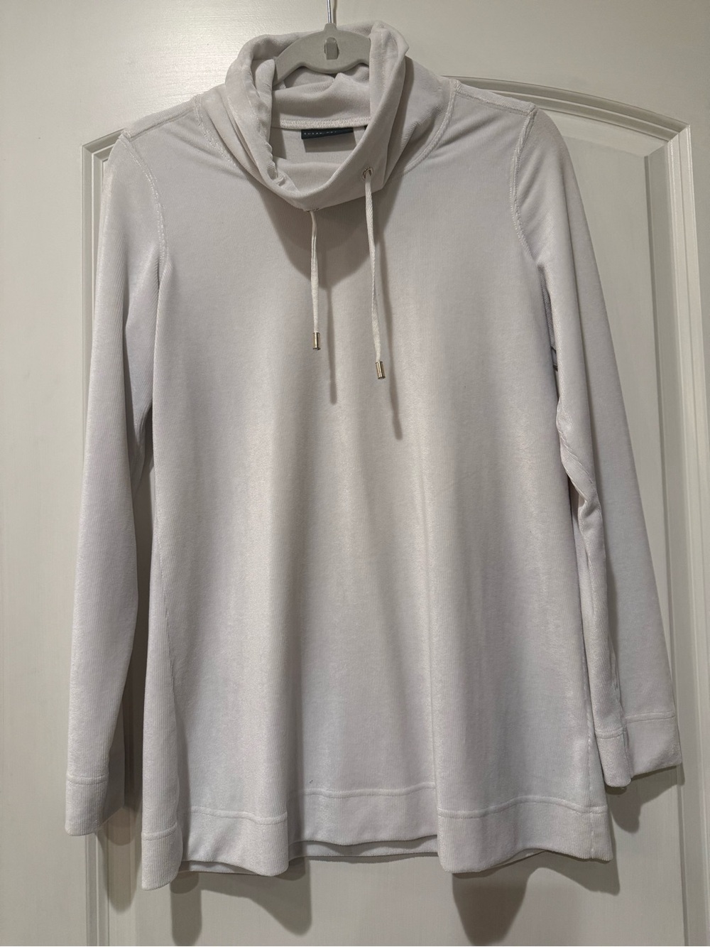 Susan Graver Cream Cowl Neck Drawstring Pullover